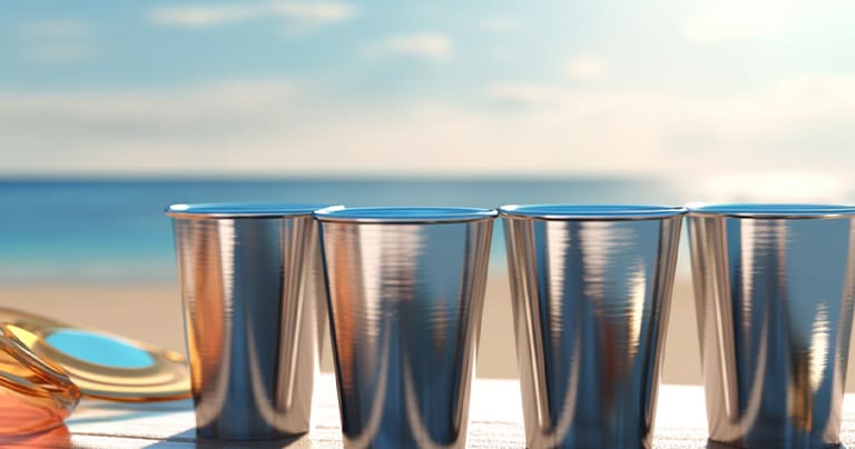 A set of aluminum cups by the beach