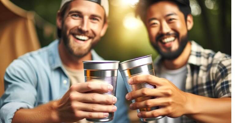 coworker holding a alusipper aluminum drink cup to celebrate