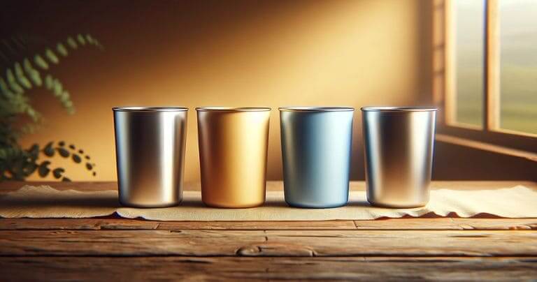 reusable aluminum cups displayed in a kitchen setting