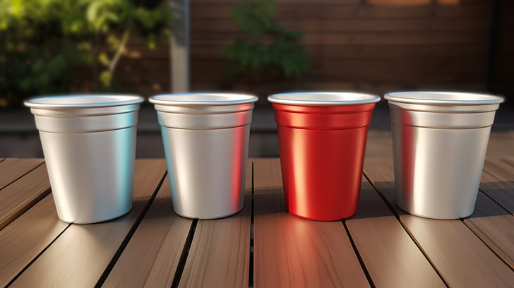 aluminum beer cups on table