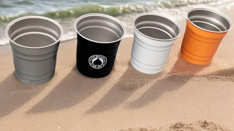 aluminum coffee cups on the beach