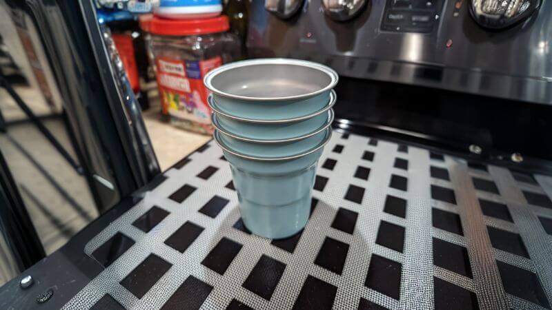 teal color aluminum cups on a table