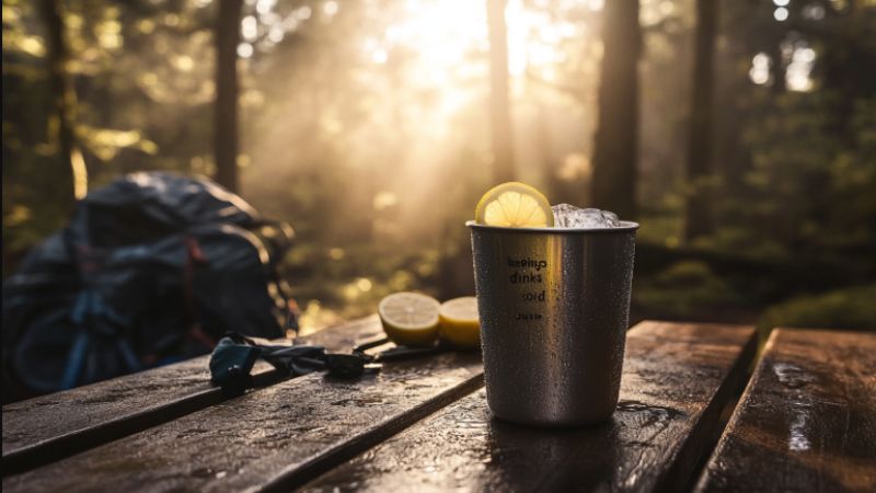 aluminum cup with ice cubes and lemon at an outdoor bbq