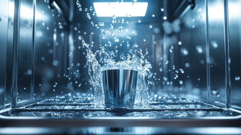 aluminum cups being cleaned in a dishwasher