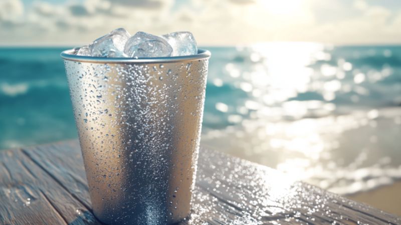 aluminum drink cup with ice cubes on a beach table