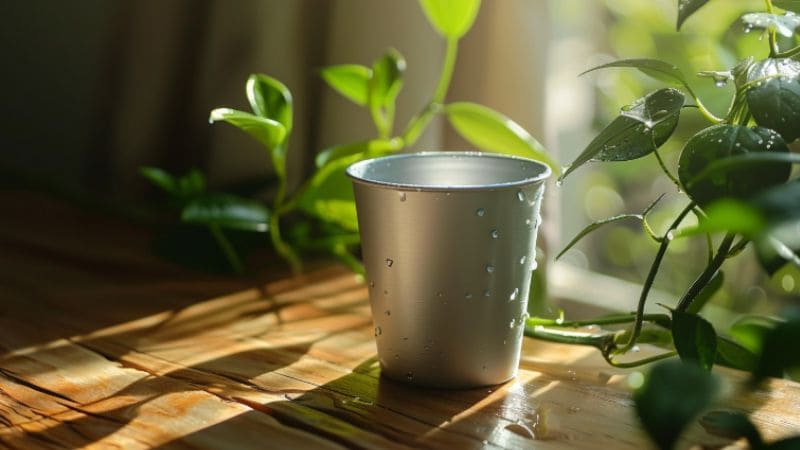 aluminum drinking cup on the table