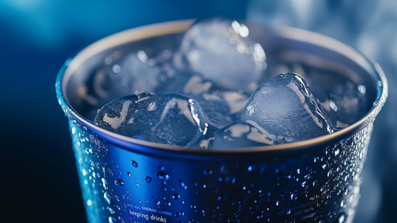 cold aluminum cup filled with ice cubes