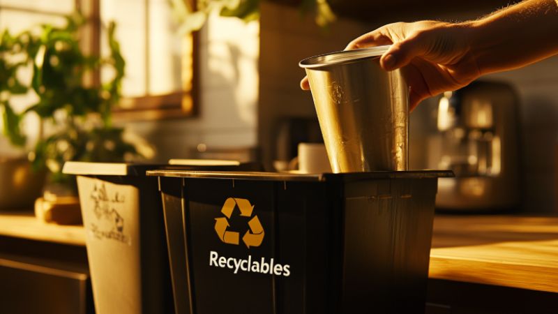 used aluminum cups placed in a recycling bin at home