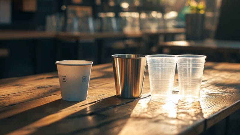 plastic, paper, aluminum cups