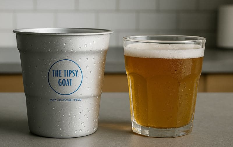 a stylish coated aluminum cup and a classic glass cup side by side