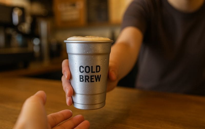 coffee to go aluminum cup on a café counter with barista