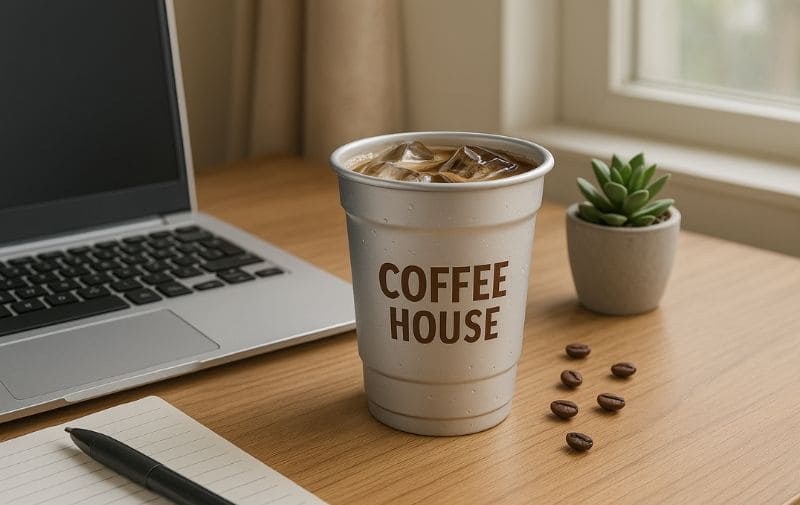 desk brew aluminum cup coffee on a home workstation