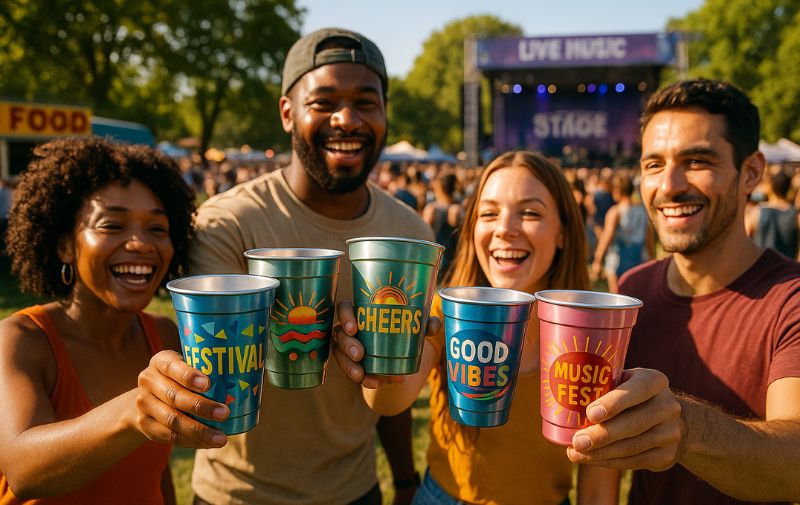 eco celebration outdoor event with custom aluminum cups