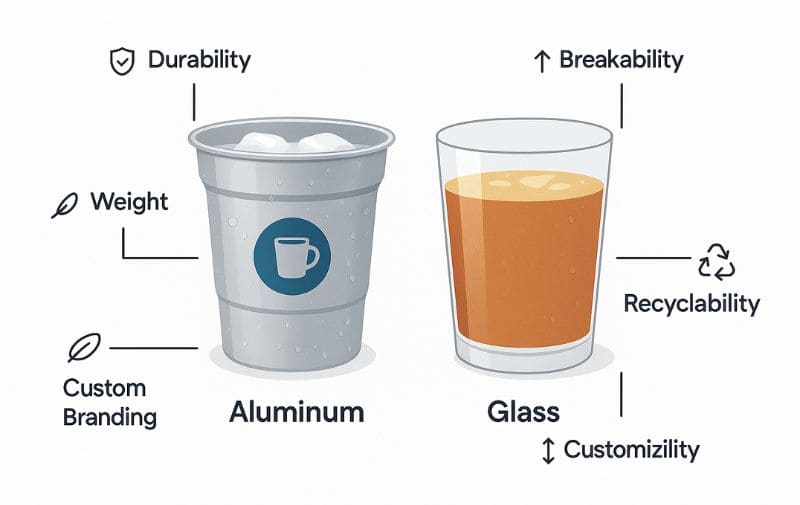 infographic breakdown features of aluminum vs. glass cups