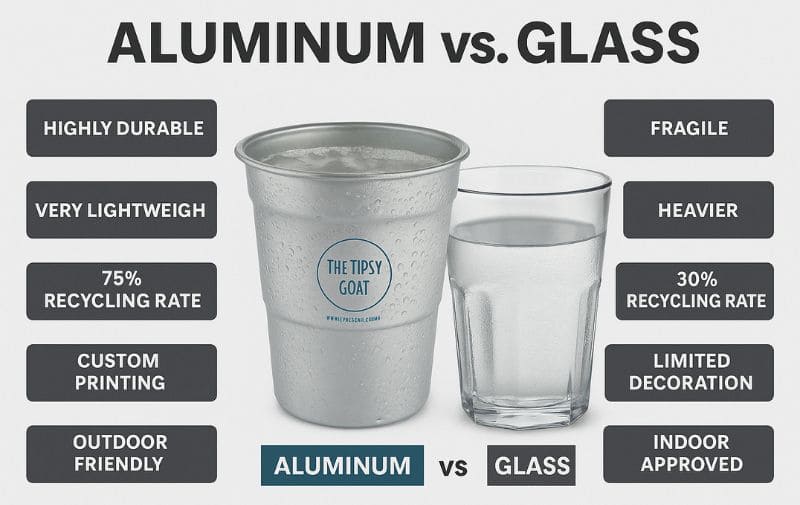 infographic comparing aluminum and glass cups on key features