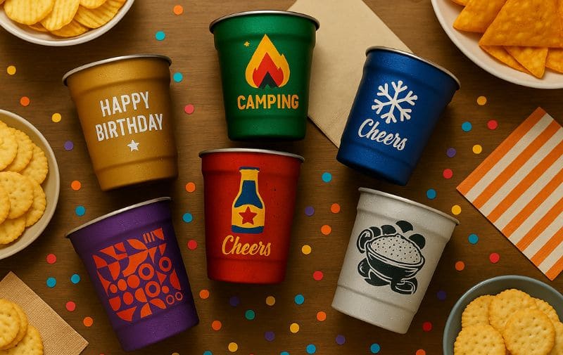 custom aluminum cups on a party table