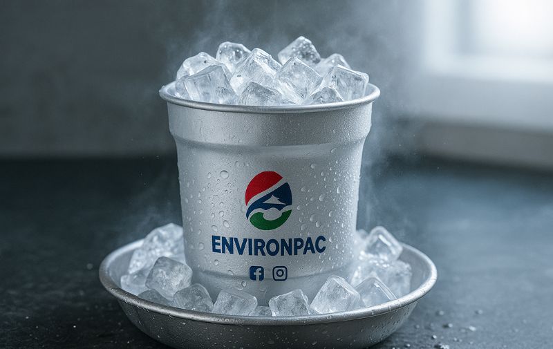 frozen power aluminum cup on ice cube bed after freezing