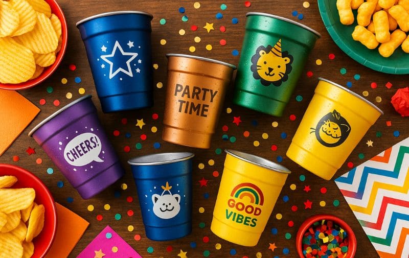 stylish setup multicolor aluminum cups on a party table